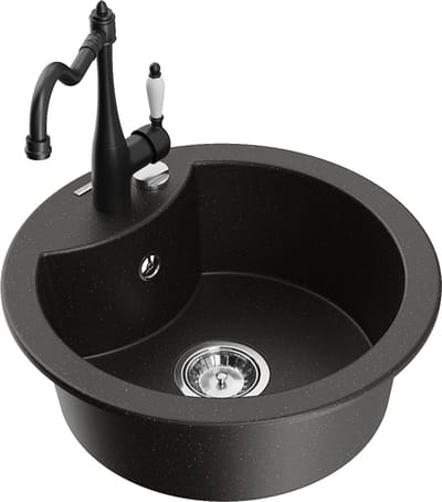 Mexen Diego granieten spoelbak 1-komor met keukenkraan Carla, zwart/goud metallic - 6512-75-670700-70