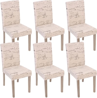 Set van 6 eetkamerstoelen Littau, stoel keukenstoel ~ textiel met opschrift, crème, poten structuur - eikenhout