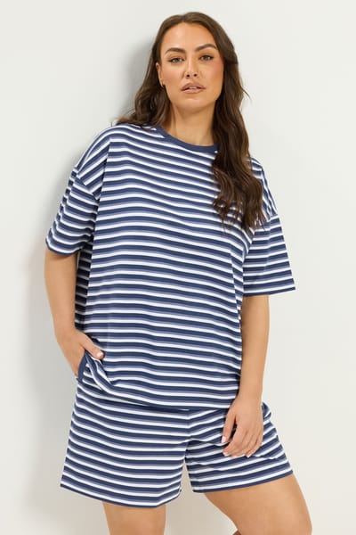 Yours Blauw Gestreept Tshirt En Shorts Set Size 42