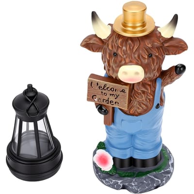 Figurine de Vache Highland avec Ampoules LED Blanc Chaud Alimentée par Piles Statue de Vache Highland pour Entrée Jardin