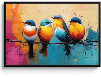 Poster in lijst - Fotolijst 120x80 cm - Posters - Vogels - Kleurrijk - Tak - Abstract - Posterlijst zwart - Decoratie - Wanddecoratie woonkamer - Muurdecoratie slaapkamer