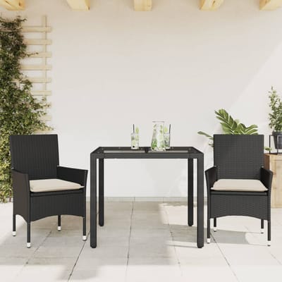 vidaXL - 3-delige - Tuinset - met - kussens - poly - rattan - en - glas - zwart