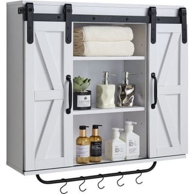 VEVOR Badkamer Wandkast Medicijnkast Met 2 Schuifdeuren & Verstelbare Planken, Opbergkast Hangkast Met Open Verdeler / Handdoekrek / Haken voor Keuken, Toilet