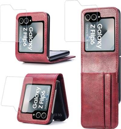 Book Case Hoesje voor Samsung Galaxy Z Flip 6 / Flip 7 FE - Hoesje + Screenprotector – Gehard Glas Cover + Flip Hoes Cover - Portemonnee Rood