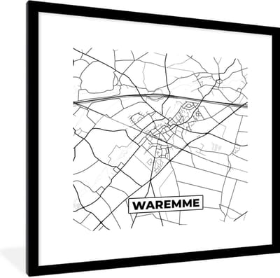 Fotolijst incl. Poster Zwart Wit- Plattegrond – Waremme – Zwart Wit – Stadskaart - Kaart - België - 40x40 cm - Posterlijst