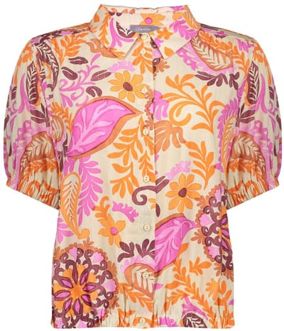 Geisha oranje dames blouse   Punt kraag   Regular fit   Glitters patroon   Knoopsluiting   Korte mouw Oranje XS