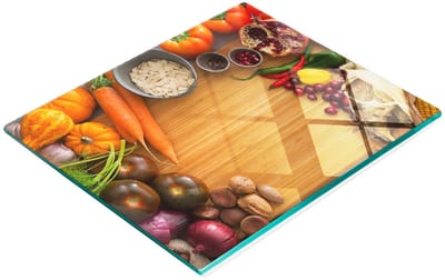 Decoratieve snijplank van gehard glas met herfstgroentenmotief, 60x52 cm