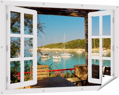 Gards Tuinposter Doorkijk Haven in de Avond - 150x100 cm - Tuindoek - Tuindecoratie - Wanddecoratie buiten - Tuinschilderij