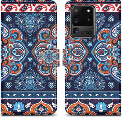Cadorabo Hoesje geschikt voor Samsung Galaxy S20 ULTRA - Design Blauwe Mandala No. 1 - Beschermhoes Case Cover met magnetische sluiting, standaardfunctie en kaartvakje