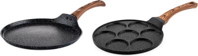Westinghouse 2-delige Pannenkoekenpannenset – Ø 26 cm + Ø 28 cm – Inductie – Omeletpan – Eierpan – Black Marble Wood