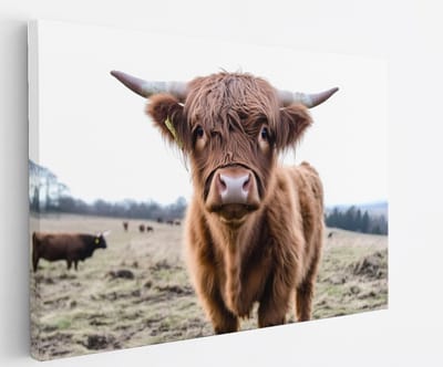 Saammp Canvas Schilderij Schotse Hooglander Koe op de heuvels - Dieren - Natuur - 60x40 - Foto op canvas - Wanddecoratie - muurdecoratie Woonkamer - Slaapkamer decoratie - Canvas Print