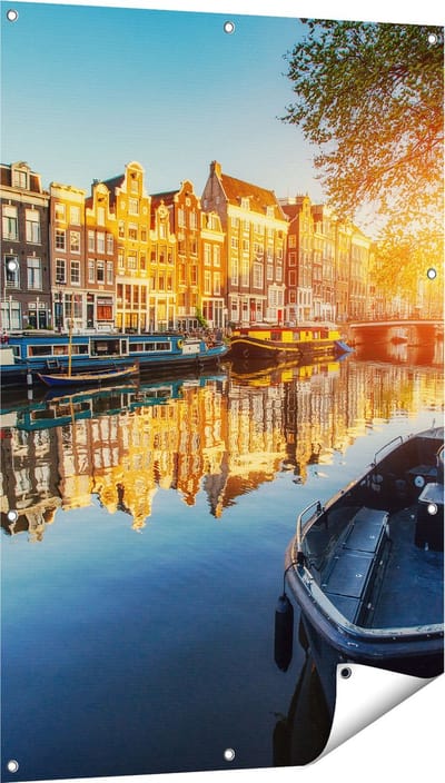 Gards Tuinposter Amsterdamse Gracht bij Zonsondergang - 80x120 cm - Tuindoek - Tuindecoratie - Wanddecoratie buiten - Tuinschilderij