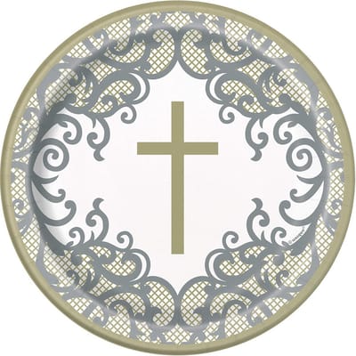 Set van 8 Milieuvriendelijke Papieren Borden met Gouden Kruis - 18 cm - Religieuze Feestservies