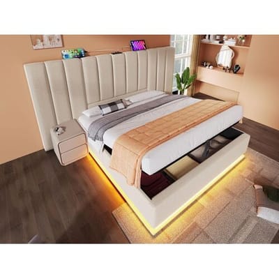 ModernLuxe Gestoffeerd linnenopbergbed 180×200cm - met LED en opladen - met lattenbodem - Beige