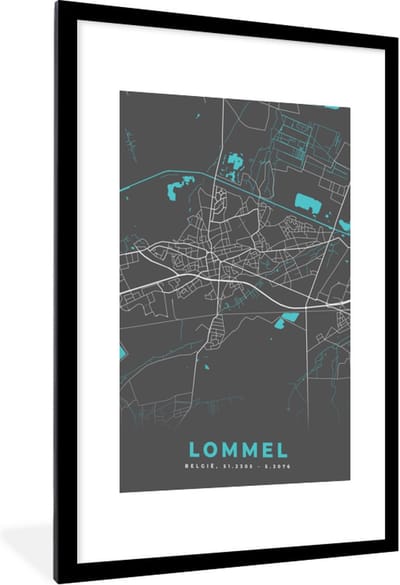 Fotolijst incl. Poster - België – Lommel – Stadskaart – Kaart – Blauw – Plattegrond - 60x90 cm - Posterlijst