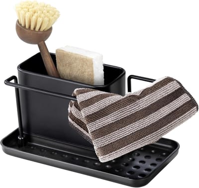 Famanu – Organiseur de rinçage avec récipient en Acier Inoxydable Amovible et Plateau de Base en Plastique Robuste Noir 21 x 10,5 x 12 cm