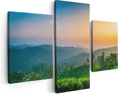 Artaza Canvas Schilderij Drieluik Zonsondergang Op Een Thee Plantage  - 90x60 - Foto Op Canvas - Canvas Print