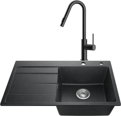 SOFETIY MAX Granieten Spoelbak 78x45CM Zwart - Spoelbakken Keuken Met Keukenkraan Met Uittrekbare uitloop - Spoelbak Met Planchet en Afdruiprek - Spoelbakken Incl. Sifon en Afvoerzeefje