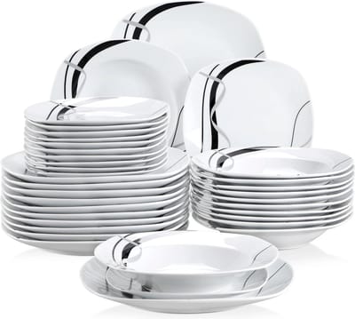 Serviesset - 12 Persoons Servies - Porselein - Diner-, Soep- en Dessertborden - 36-delige Set - Wit - Zwart - Zilver