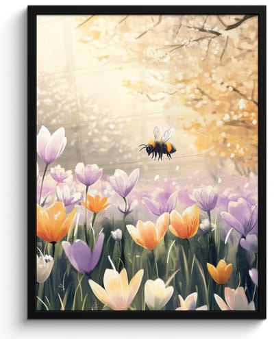 Poster in lijst - Fotolijst 50x70 cm - Posters - Viooltjes - bij - Zonlicht - Posterlijst zwart - Decoratie - Wanddecoratie woonkamer - Muurdecoratie slaapkamer