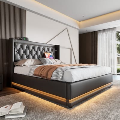 SINGULARITY-Gestoffeerd tweepersoonsbed 160 x 200 cm- zwart PU hydraulisch opbergbed- hoofdbord met USB Type-C- 3-zijdige LED- zonder matras