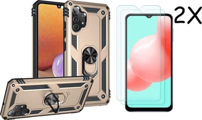 Hoesje Geschikt Voor Samsung Galaxy A32 Hoesje kickstand Armor case Goud - Galaxy A32 4G Ring houder TPU backcover hoesje - met Galaxy A32 4G screenprotector 2 pack