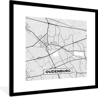 Fotolijst incl. Poster Zwart Wit- Plattegrond – Oudenburg – Zwart Wit – Stadskaart - Kaart - 40x40 cm - Posterlijst