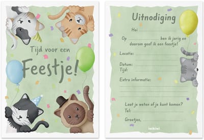 Uitnodiging Kinderfeestje - Verjaardag - Set van 8 - kinderverjaardag - Verjaardagsfeestje - Verjaardagskaarten - Dieren - uitnodigingskaarten - Katten - Poesjes - Invulkaarten - inikini