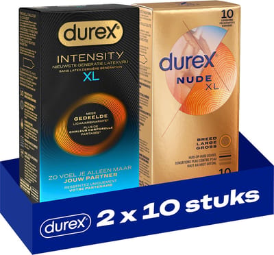 Durex - 20 stuks Condooms - Intensity XL Nieuwste generatie ultradun, gedeelde lichaamswarmte 10st - Nude Huid op Huid gevoel XL 10st - Voordeelverpakking