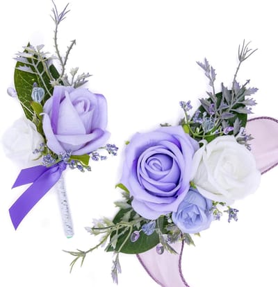 Bloemen Set - Corsage Boutonniere - Feestelijke Accessoires - Handgemaakt Ontwerp - Universele Maat - Paars