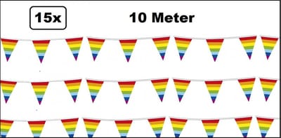 15x Vlaggenlijn Regenboog 10 meter - Kleur pride fun zomers thema feest vrolijk verjaardag festival