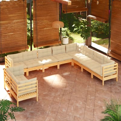 vidaXL - 10-delige - Loungeset - met - crèmekleurige - kussens - grenenhout