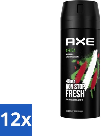 Axe - Deodorant Bodyspray - 48hrs Non Stop Fresh - Africa - Mandarin & Sandalwood - 150 ml - Voordeelverpakking - 12 stuks
