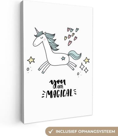 Schilderij voor kinderen - Wanddecoratie meisjes - Unicorn - Quotes - You are magical - Meisje - Kinderen - Kinderkamer decoratie - Canvas doek kids - 20x30 cm