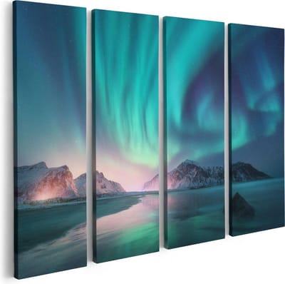 Artaza Canvas Schilderij Vierluik Groene Noorderlicht in Noorwegen - 80x60 - Foto Op Canvas - Canvas Print