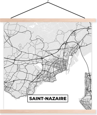 Posterhanger incl. Poster 40x40 cm - Schoolplaat - Saint-Nazaire - Plattegrond - Frankrijk - Kaart - Stadskaart - Textielposter - Blanke latten - Stadskaart