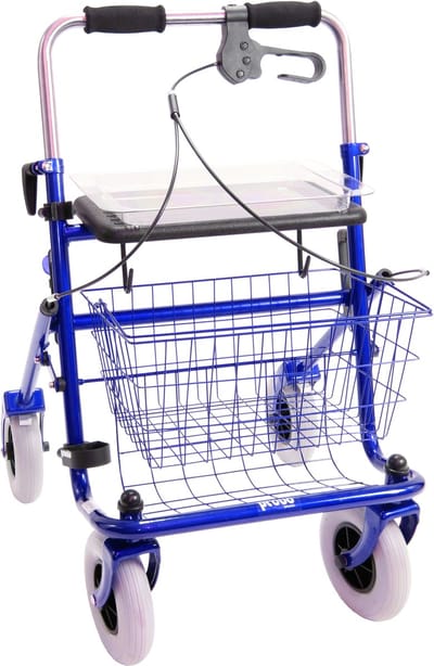 Premis - Klein volwassenen / kinder rollator - Zitbreedte 43 cm - Zithoogte 50 cm - max gebr. gew 100 kg - Duwbeugel - Eenzijdig geremd Links - Metallic Blauw