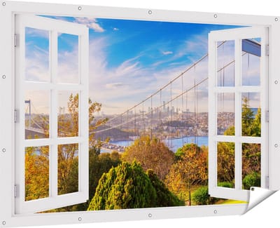 Gards Tuinposter Doorkijk Bosphorus Brug in Instanbul - 180x120 cm - Tuindoek - Tuindecoratie - Wanddecoratie buiten - Tuinschilderij