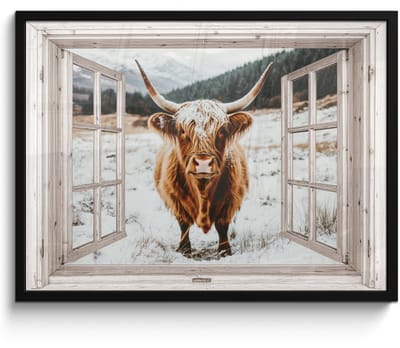 Poster in lijst - Fotolijst 70x50 cm - Posters - Schotse Hooglander - Winterlandschap - Landelijk - Bergen - Doorkijk - Posterlijst zwart - Decoratie - Wanddecoratie woonkamer - Muurdecoratie slaapkamer