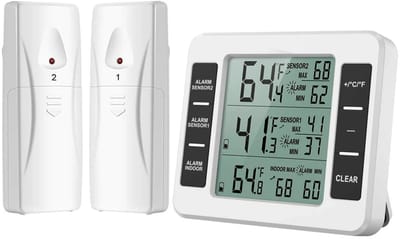 Thermometer - Koelkast thermometer - Diepvriesthermometer - Koelkast thermometer digitaal - Draadloze koelkast thermometer - Met twee alarmen - Met alarmfunctie - Temperatuurmonitor - Geschikt voor keuken - Vriezer - Thuis