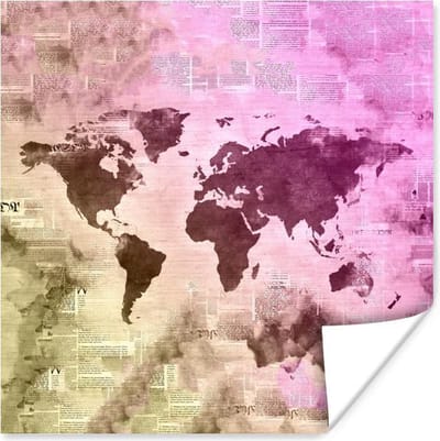 Poster 30x30 cm - Wereldkaart - Kleuren - Kranten - Posters - Kamer decoratie - Wanddecoratie woonkamer - Muurdecoratie slaapkamer