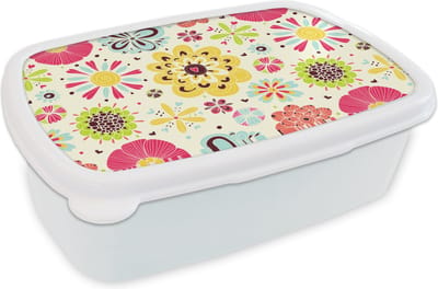 Broodtrommel Wit - Lunchbox - Brooddoos - Hart - Bloemen - Patronen - 18x12x6 cm - Volwassenen