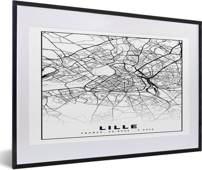 Fotolijst incl. Poster Zwart Wit- Plattegrond - Lille - Kaart - Frankrijk - Stadskaart - Zwart wit - 60x40 cm - Posterlijst