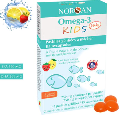 NORSAN | OMEGA-3 KIDS JELLY | 1000 MG | EPA 560 MG | DHA 268 MG | VITAMINE D | PUUR EN ZUIVER | 45 KAUWCAPSULES