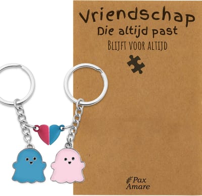 BFF Sleutelhanger voor 2 'Vriendschap die altijd past' - Spookjes + Magnetisch Hartje - Sleutelhanger set op Cadeau Kaartje - Zilverkleurig - Vriendschap Symbool - Pax Amare