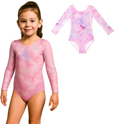 Joya Kids® Turnpakje Meisjes met Lange Mouwen Vlinder Motief met Scrunchie | Zacht Roze en Lila met Glitters en Strass Steentjes Ballet pakje | Gymnastiekpakje | Turnen | Turn Pakje | Maat 100