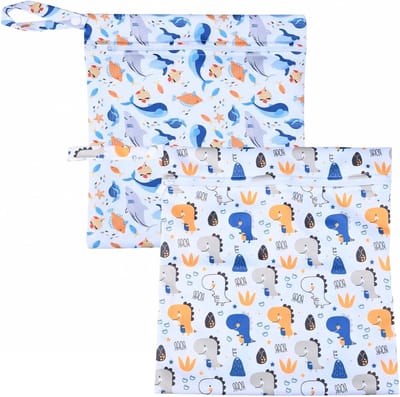 Set van 2 Herbruikbare Luiertassen met Rits, Dinosaurussen en Walvissen - Ideaal voor Nat Kleding, Zwembad, Reizen en Strand - 28 x 30 cm