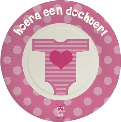 Feestborden \'\'hoera Een Dochter\'\' 8 Stuks Roze 18 Cm
