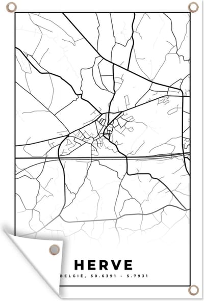 Muurdecoratie Zwart Wit – België – Plattegrond – Stadskaart – Kaart – Herve - 120x180 cm - Tuinposter - Tuindoek