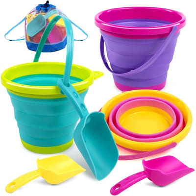 Emmerset, 3 stuks, opvouwbare speelgoedemmers met schep en mesh-rugzak voor kinderfeest, reizen, visemmer (roze/paars/groen)